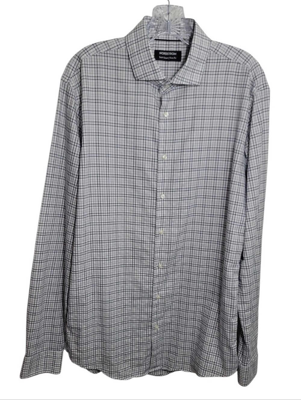 Nordstrom tech smart trim fit  men’s white black plaid dress shirt size 36-37/16
